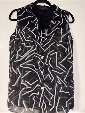 Alexander Wang Black Sheer Sleeveless Blouse with White Geometric Print